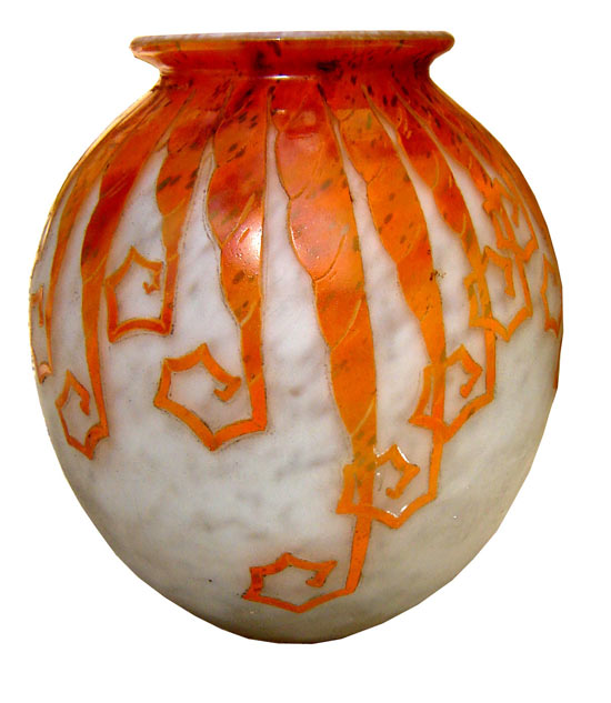 Craftsman style conifer glass acid outlet etched vase Charles Schneider inspired.